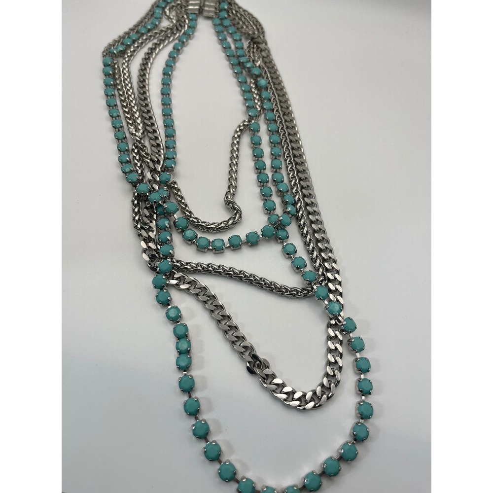 Y2K‎ Multi Strand Necklace Turquoise Rhinestone Silver Tone Chunky Statement